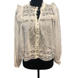 NWOT ANTHROPOLOGIE White Button Up Lace Trim Blouse, Small Size 2